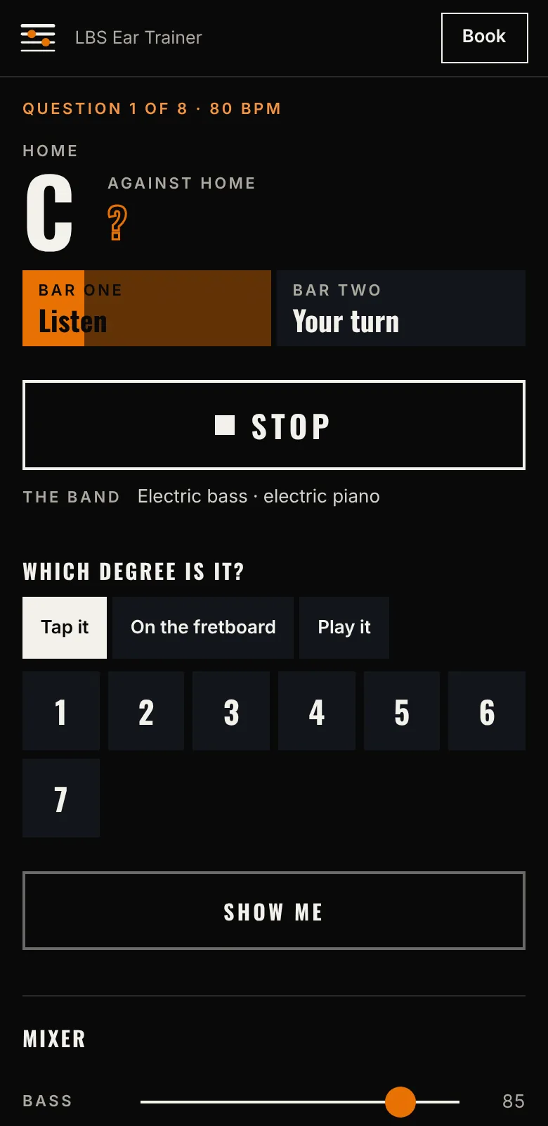 The LBS Ear Trainer on a phone: home is C, two bars marked Listen and Your turn, and seven degrees to choose from
