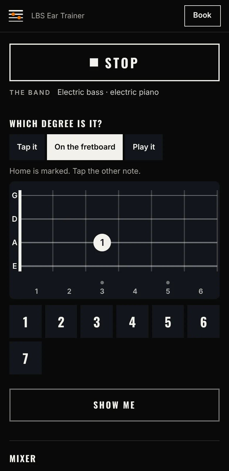 The LBS Ear Trainer on a phone: a fretboard to answer on, with home marked on the neck