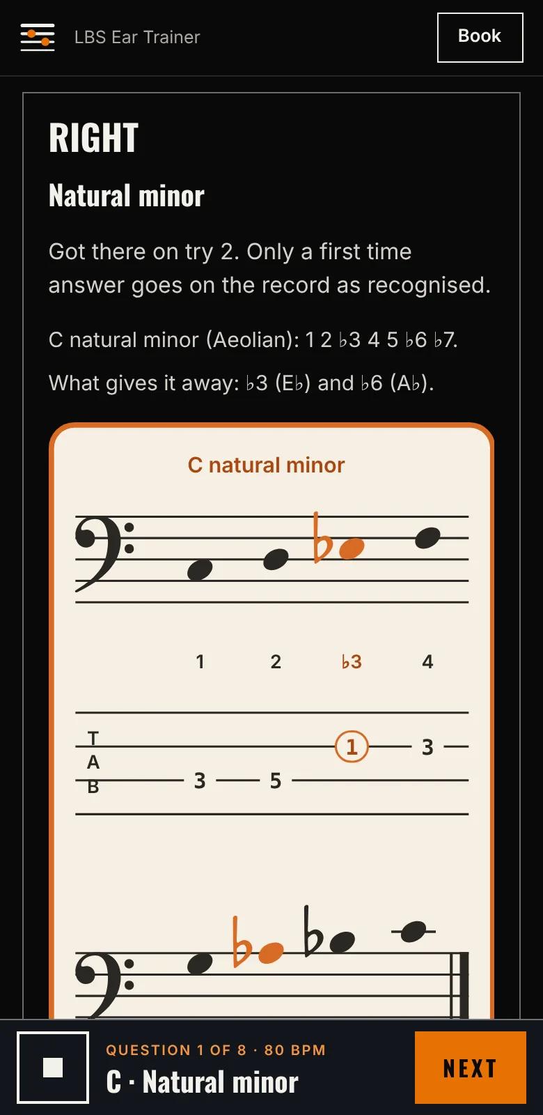 The LBS Ear Trainer on a phone after a right answer: the notes on the stave, in TAB and on the neck
