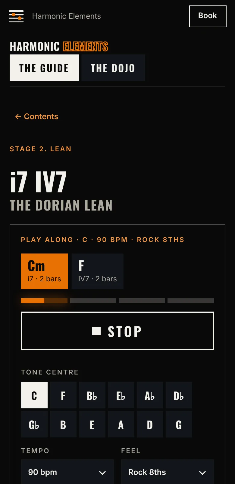 The Guide on a phone: the page for the Dorian lean, with its chords and a button to play the loop