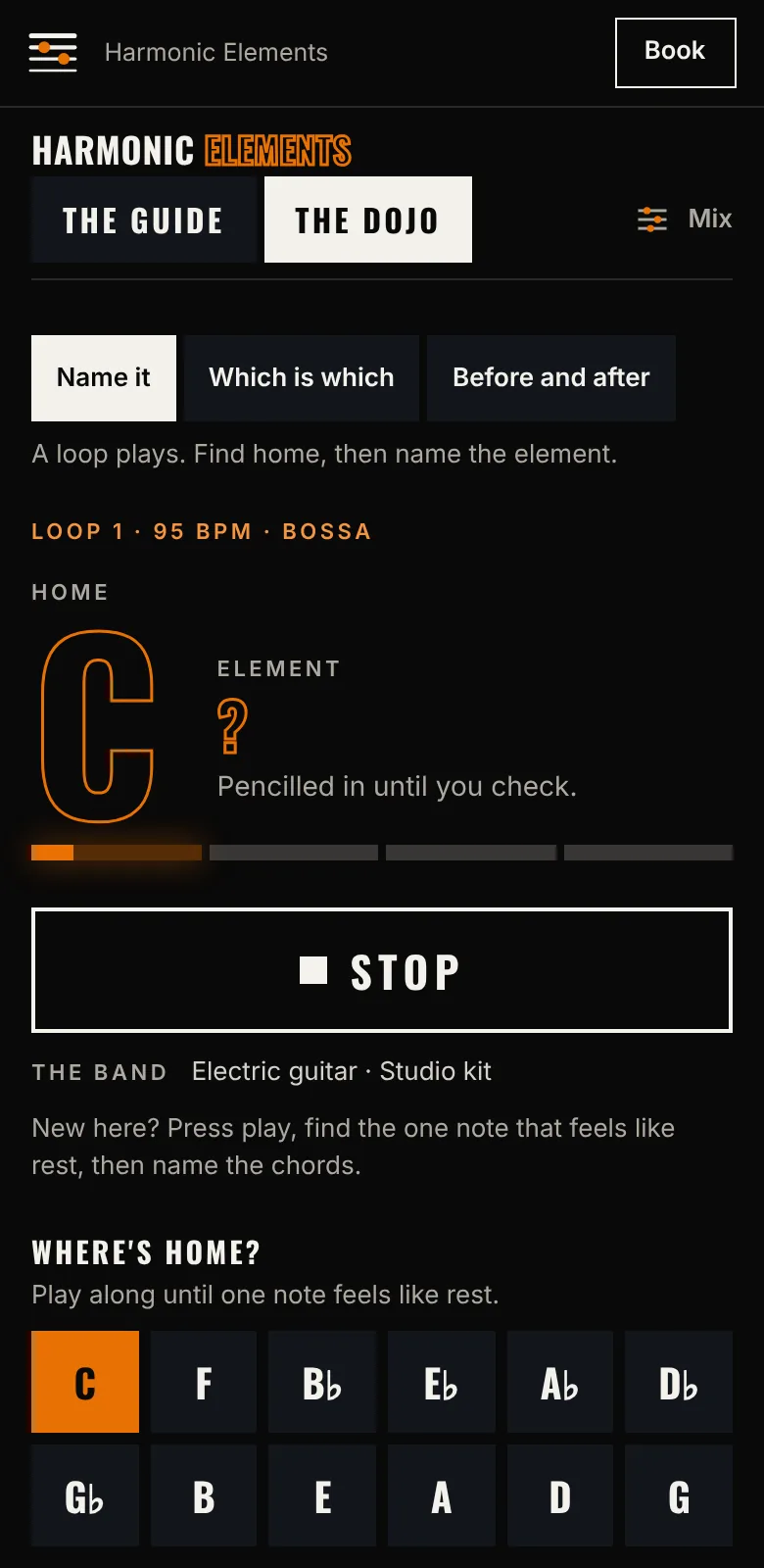 The Dojo on a phone: a loop playing, the band named under the stop button, with twelve notes to choose home from