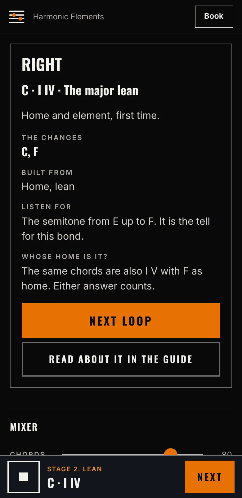 The Dojo on a phone after a right answer: the chords of the loop named, and what to listen for