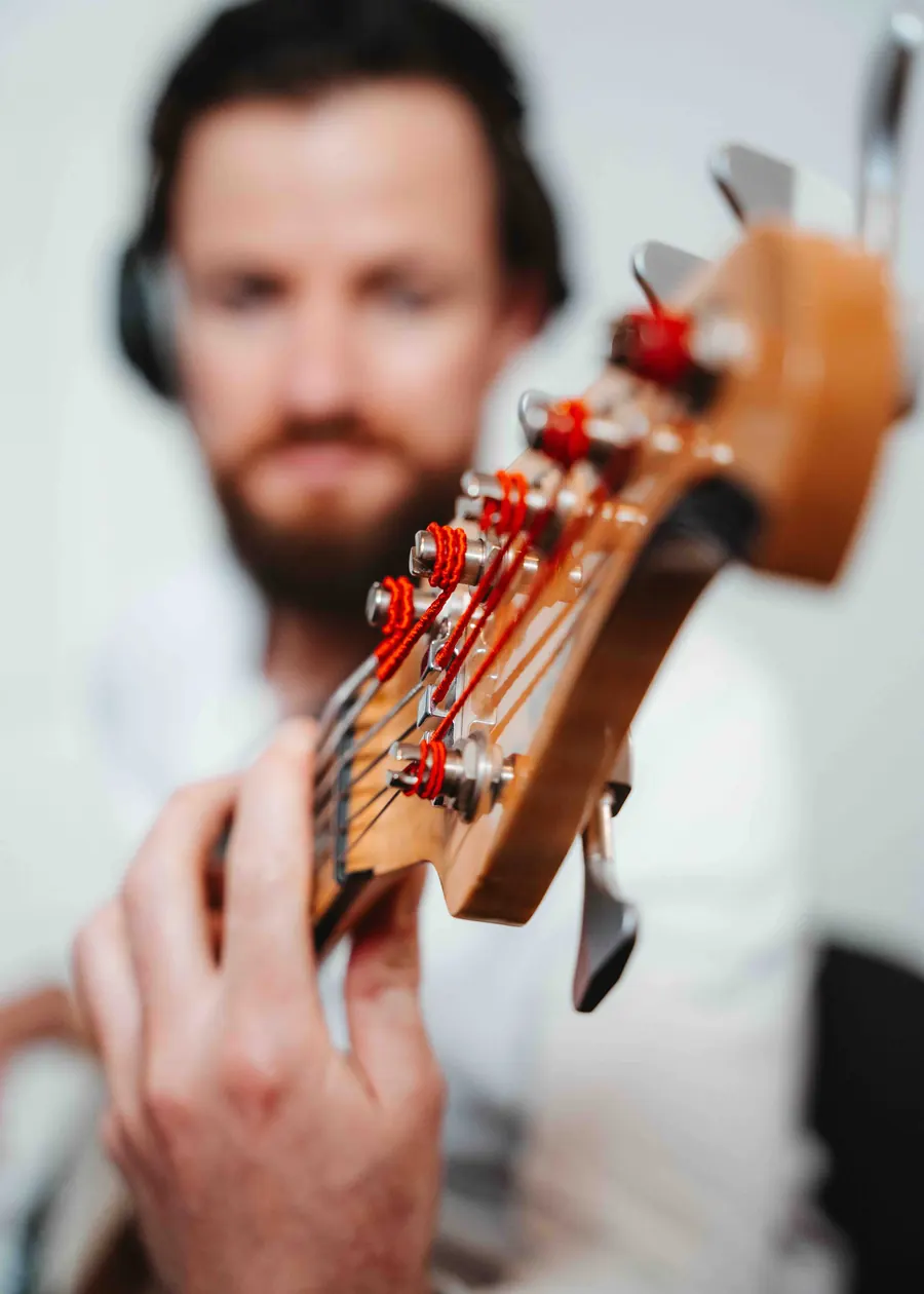 Bass headstock in the studio