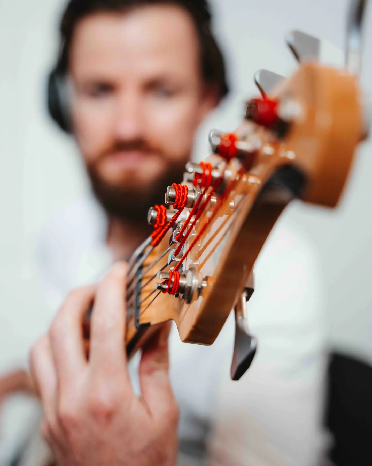 Close-up of a bass headstock