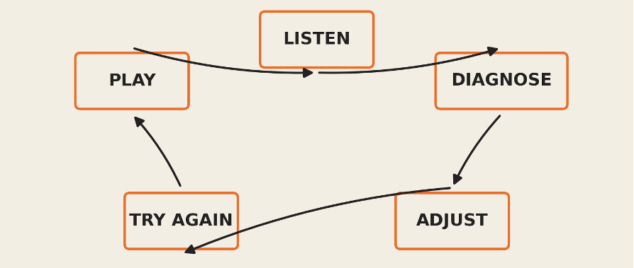 A loop diagram of the practice cycle: play, listen, diagnose, adjust, try again, and back to play.